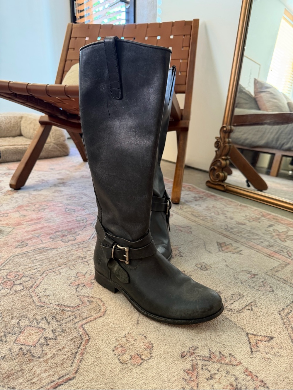 Frye Black Leather Mid-Calf Harness Boots